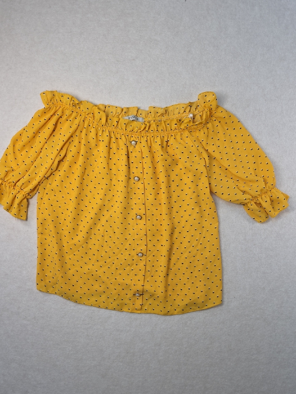 Papaya Sunny Yellow Polka Heart Blouse Ruffled Sleeves Elastic Off Shoulder
